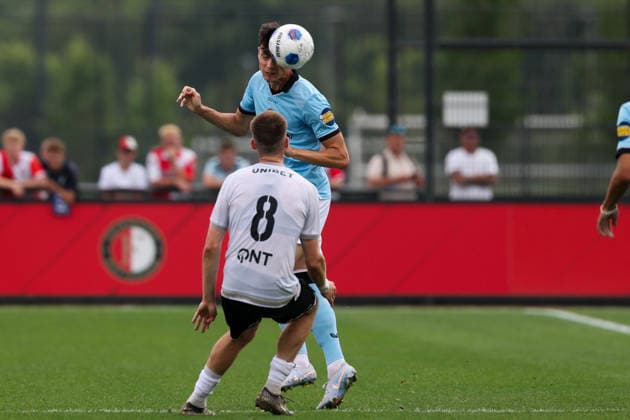 2026-07-17 Feyenoord v Sporting Charleroi - Pre Season Friendly ROTTERDAM, NETHERLANDS - JULY 17: Anel Ahmedhodzic of Feyenoord wins the headed ball of Jakob Romsaas of Sporting Charleroi during the Pre Season Friendly match between Feyenoord and Sporting Charleroi at Sportcomplex Varkenoord on July 17, 2026 in Rotterdam, Netherlands. Rotterdam Sportcomplex Varkenoord Netherlands Content not available for redistribution in The Netherlands directly or indirectly through any third parties. Copyright: xHansxvanxderxValkx