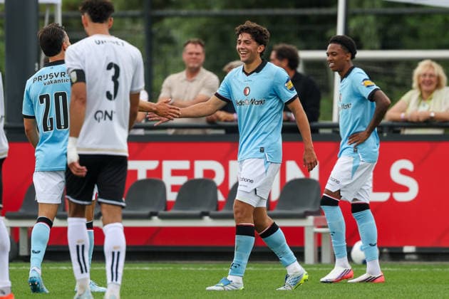 2026-07-17 Feyenoord v Sporting Charleroi - Pre Season Friendly ROTTERDAM, NETHERLANDS - JULY 17: Tijme Wessels of Feyenoord, Mats Deijl of Feyenoord, Jivayno Zinhagel of Feyenoord celebrates after scoring the third goal of the team during the Pre Season Friendly match between Feyenoord and Sporting Charleroi at Sportcomplex Varkenoord on July 17, 2026 in Rotterdam, Netherlands. Rotterdam Sportcomplex Varkenoord Netherlands Content not available for redistribution in The Netherlands directly or indirectly through any third parties. Copyright: xHansxvanxderxValkx