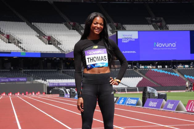 Track and Field: London Athletics Meet Gabby Thomas aka Gabrielle Thomas (USA) poses during London Athletics Meet press conference, PK, Pressekonferenz at London Stadium, Friday, July 17, 2026, in London, United Kingdom. London England United Kingdom EDITORIAL USE ONLY Copyright: xImagexofxSportx ImagexofxSportx iosphotos414824