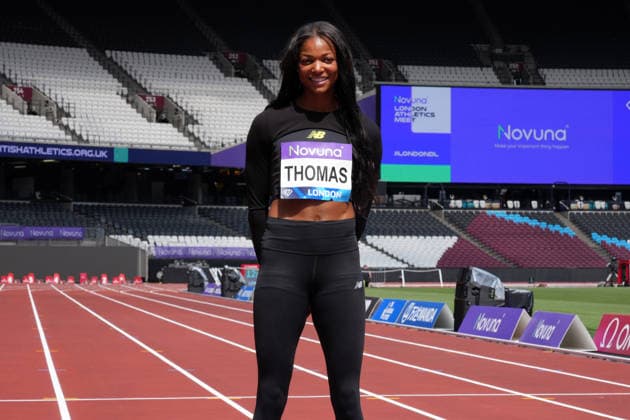 Track and Field: London Athletics Meet Gabby Thomas aka Gabrielle Thomas (USA) poses during London Athletics Meet press conference, PK, Pressekonferenz at London Stadium, Friday, July 17, 2026, in London, United Kingdom. London England United Kingdom EDITORIAL USE ONLY Copyright: xImagexofxSportx ImagexofxSportx iosphotos414867