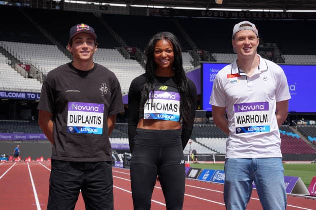 Track and Field: London Athletics Meet Mondo Duplantis aka Armand Duplantis (left), Gabby Thomas aka Gabrielle Thomas (center) and Karsten Warholm pose during London Athletics Meet press conference, PK, Pressekonferenz at London Stadium, Friday, July 17, 2026, in London, United Kingdom. London England United Kingdom EDITORIAL USE ONLY Copyright: xImagexofxSportx ImagexofxSportx iosphotos414802