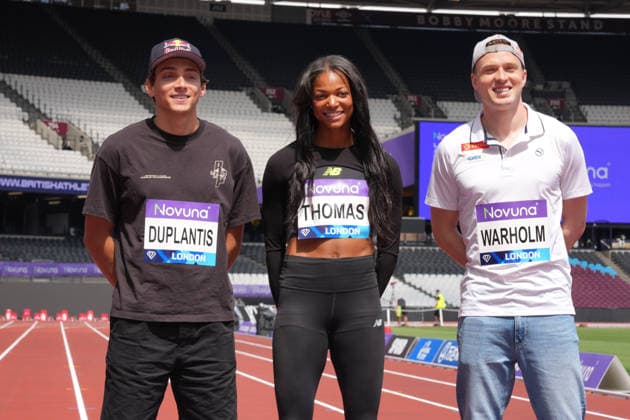 Track and Field: London Athletics Meet Mondo Duplantis aka Armand Duplantis (left), Gabby Thomas aka Gabrielle Thomas (center) and Karsten Warholm pose during London Athletics Meet press conference, PK, Pressekonferenz at London Stadium, Friday, July 17, 2026, in London, United Kingdom. London England United Kingdom EDITORIAL USE ONLY Copyright: xImagexofxSportx ImagexofxSportx iosphotos414806