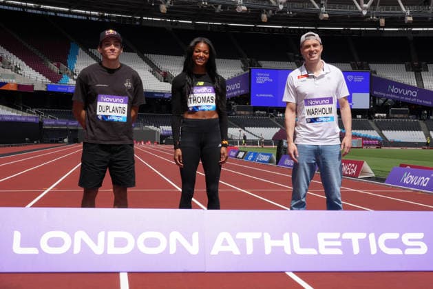 Track and Field: London Athletics Meet Mondo Duplantis aka Armand Duplantis (left), Gabby Thomas aka Gabrielle Thomas (center) and Karsten Warholm pose during London Athletics Meet press conference, PK, Pressekonferenz at London Stadium, Friday, July 17, 2026, in London, United Kingdom. London England United Kingdom EDITORIAL USE ONLY Copyright: xImagexofxSportx ImagexofxSportx iosphotos414808