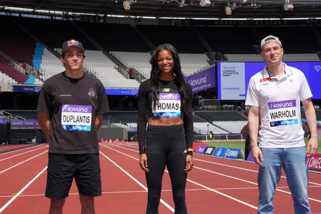 Track and Field: London Athletics Meet Mondo Duplantis aka Armand Duplantis (left), Gabby Thomas aka Gabrielle Thomas (center) and Karsten Warholm pose during London Athletics Meet press conference, PK, Pressekonferenz at London Stadium, Friday, July 17, 2026, in London, United Kingdom. London England United Kingdom EDITORIAL USE ONLY Copyright: xImagexofxSportx ImagexofxSportx iosphotos414810