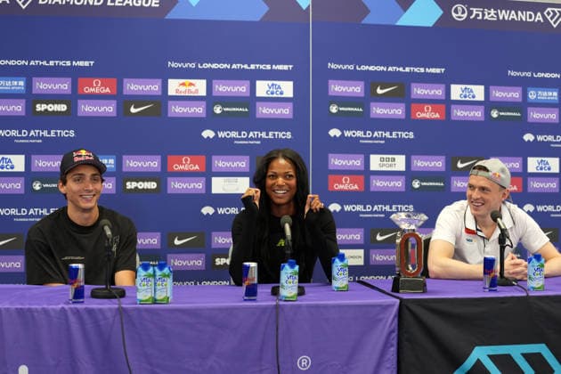 Track and Field: London Athletics Meet Keely Hodgkinson (left), Josh Kerr (center) and Amy Hunt pose during London Athletics Meet press conference, PK, Pressekonferenz at London Stadium, Friday, July 17, 2026, in London, United Kingdom. London England United Kingdom EDITORIAL USE ONLY Copyright: xImagexofxSportx ImagexofxSportx iosphotos414811