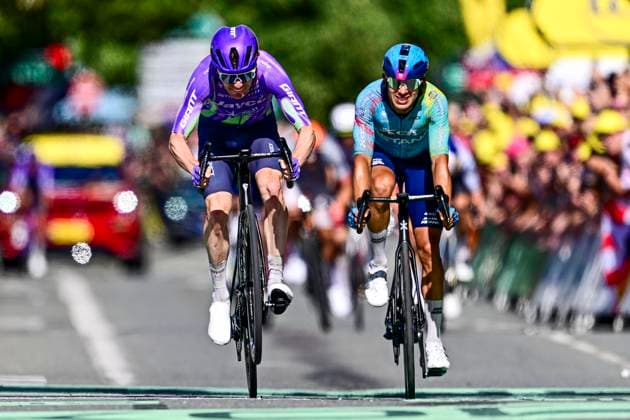 Tour de France 2026 Stage 13 BELFORT, FRANCE - JULY 17 : Schmid Mauro (SUI) of Team Jayco AlUla and Tejada Harold (COL) of XDS Astana Team at the finish line during stage 13 of the 113rd edition of Tour de France an UCI World Tour 2.UWT cycling road race stage for Men Elite of 205 km with start in Dole and finish in Belfort on July 17, 2026 in Belfort, France, 17 07 2026 Belfort France  Copyright: xPeterxDexVoechtx