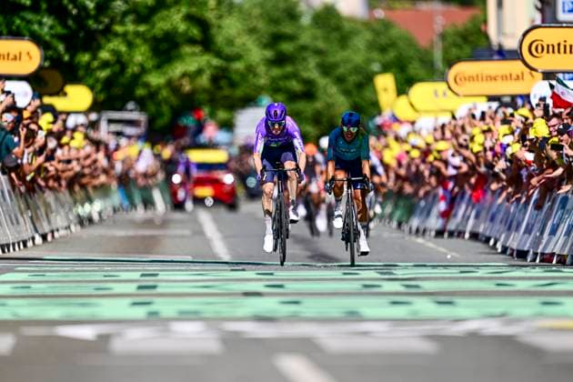 Tour de France 2026 Stage 13 BELFORT, FRANCE - JULY 17 : Schmid Mauro (SUI) of Team Jayco AlUla and Tejada Harold (COL) of XDS Astana Team at the finish line during stage 13 of the 113rd edition of Tour de France an UCI World Tour 2.UWT cycling road race stage for Men Elite of 205 km with start in Dole and finish in Belfort on July 17, 2026 in Belfort, France, 17 07 2026 Belfort France  Copyright: xPeterxDexVoechtx