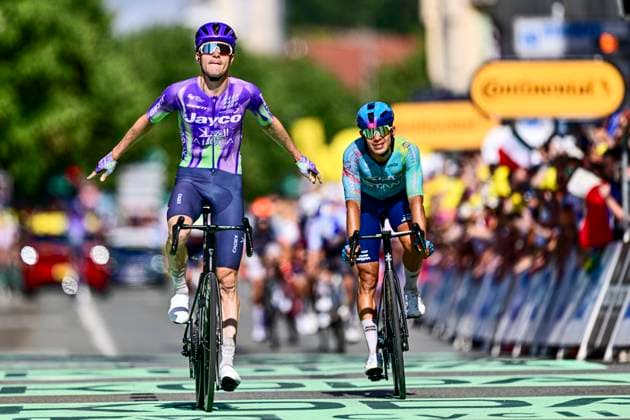 Tour de France 2026 Stage 13 BELFORT, FRANCE - JULY 17 : Schmid Mauro (SUI) of Team Jayco AlUla and Tejada Harold (COL) of XDS Astana Team at the finish line during stage 13 of the 113rd edition of Tour de France an UCI World Tour 2.UWT cycling road race stage for Men Elite of 205 km with start in Dole and finish in Belfort on July 17, 2026 in Belfort, France, 17 07 2026 Belfort France  Copyright: xPeterxDexVoechtx