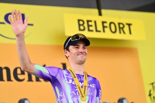 Tour de France 2026 Stage 13 BELFORT, FRANCE - JULY 17 : Schmid Mauro (SUI) of Team Jayco AlUla on the podium during stage 13 of the 113rd edition of Tour de France an UCI World Tour 2.UWT cycling road race stage for Men Elite of 205 km with start in Dole and finish in Belfort on July 17, 2026 in Belfort, France, 17 07 2026 Belfort France  Copyright: xPeterxDexVoechtx