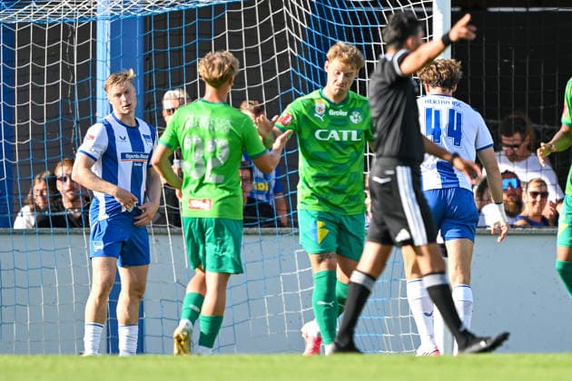 SOCCER - Wattens vs Hertha, test match KUNDL,AUSTRIA,17.JUL.26 - SOCCER - ADMIRAL Bundesliga, 2. DFL, 2. Deutsche Bundesliga, WSG Tirol vs Hertha BSC Berlin, test match. Image shows the rejoicing of Raphael Gschoesser and Nikolai Baden Frederiksen (Wattens).  GEPAxpictures xDanielxSchoenherr