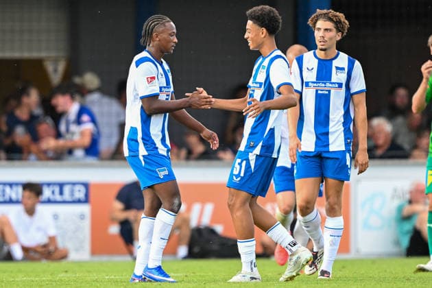 SOCCER - Wattens vs Hertha, test match KUNDL,AUSTRIA,17.JUL.26 - SOCCER - ADMIRAL Bundesliga, 2. DFL, 2. Deutsche Bundesliga, WSG Tirol vs Hertha BSC Berlin, test match. Image shows the rejoicing of Jelani Ndi and Jerome Diallo (Hertha).  GEPAxpictures xDanielxSchoenherr
