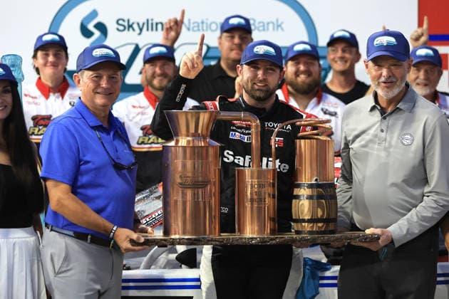 NORTH WILKESBORO, NC - JULY 17: Kaden Honeycutt ( 17 Tom Usry Racing) celebrates after winning the zMax Cars Tour LMSC Skyline National Bank 100 on July 17, 2026 at North Wilkesboro Speedway in North Wilkesboro, NC. (Photo by Jeff Robinson Icon Sportswire) AUTO: JUL 17 zMAX CARS Tour LMSC Skyline National Bank 100 EDITORIAL USE ONLY Icon26071723569100