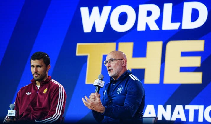 Spain v Argentina - FIFA World Cup, WM, Weltmeisterschaft, Fussball 2026 Final Press Conferences NEW YORK, UNITED STATES - JULY 17: Rodri is seen as head coach Luis de la Fuente speaks during a press conference, PK, Pressekonferenz ahead of the FIFA World Cup 2026 Final match between Spain and Argentina at Fanatics Fest at Javits Center in New York, United States on July 17, 2026. Evrim Aydin Anadolu New York United States. Editorial use only. Please get in touch for any other usage.  Copyright: x2026xAnadoluxEvrimxAydinx