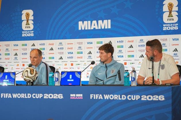 England manager Thomas Tuchel (L) speaks alongside his player John Stones (C) at a press conference, PK, Pressekonferenz ahead of the 2026 FIFA World Cup, WM, Weltmeisterschaft, Fussball third-place match against France in Miami, USA, 17 July 2026. England national team, Nationalteam press conference !ACHTUNG: NUR REDAKTIONELLE NUTZUNG!  Copyright: xAlbertoxBoalx GR6008 20260718-55020926564_1