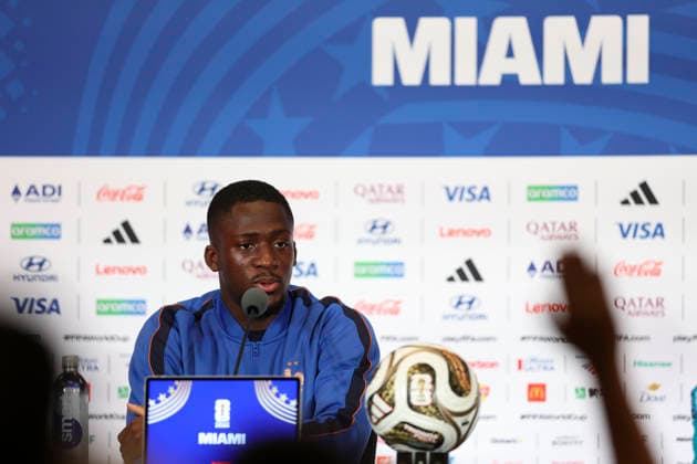 (260718) -- MAIAMI, July 18, 2026 -- Ibrahima Konate of France attends a press conference, PK, Pressekonferenz ahead of the bronze final match between France and England at the 2026 FIFA World Cup, WM, Weltmeisterschaft, Fussball in Miami, the United States, July 17, 2026. ) (SP)U.S.-MIAMI-FOOTBALL-FIFA WORLD CUP-TEAM FRANCE-PRESS CONFERENCE ChenxYichen 