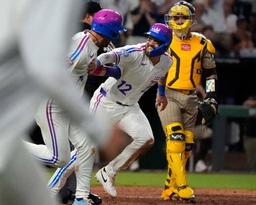 July 17, 2026: Kansas City Royals left fielder Nick Loftin (12) runs to celebrate after scoring the game winning run against the Padres in the 10th inning at Kauffman Stadium Kansas City, Missouri. CSM. Kansas City United States - ZUMAc04_ 20260717_zma_c04_188 Copyright: xJonxRobichaudx