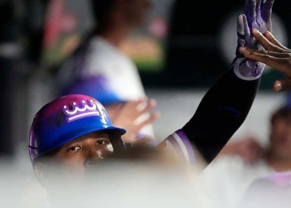 July 17, 2026: Kansas City Royals catcher Salvador Perez (13) is congratulated after scoring in the 10th inning against the Padres at Kauffman Stadium Kansas City, Missouri. CSM. Kansas City United States - ZUMAc04_ 20260717_zma_c04_194 Copyright: xJonxRobichaudx