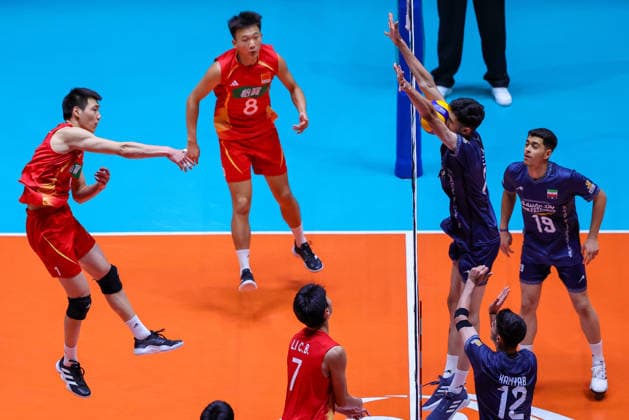 HAIKOU, CHINA - JULY 17: Shao Xingting 1 of Team China spikes the ball and hits an opponent from Team Iran in the face during the 2026 Asian U18 Men s Volleyball Championship semifinal match between China and Iran on July 17, 2026 in Haikou, Hainan Province of China. China lost to Iran 2-3 and failed to reach the final.  Copyright: xChinaxNewsxServicex 111654891775