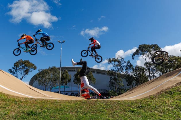 BMX WORLD CHAMPIONSHIPS, Hyoga Kiuchi of Japan crashes out as Alexandre Emmel of Switzerland, Casper Pipers of Netherlands, Jakub VeseckÃ½ of Czechia and Alexis Rheaume of Canada compete during the BMX World Championships at Brisbane SX International BMX Centre in Brisbane, Saturday, July 18, 2026. ( NO ARCHIVING, EDITORIAL USE ONLY BRISBANE QUEENSLAND AUSTRALIA  Copyright: xRUSSELLxFREEMANx 20260718115595892924