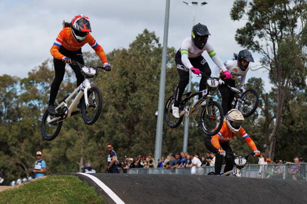 BMX WORLD CHAMPIONSHIPS, Judy Baauw of Netherlands, Sienna Pal of Australia and Manon Veenstra of Netherlands compete during the BMX World Championships at Brisbane SX International BMX Centre in Brisbane, Saturday, July 18, 2026. ( NO ARCHIVING, EDITORIAL USE ONLY BRISBANE QUEENSLAND AUSTRALIA  Copyright: xRUSSELLxFREEMANx 20260718165460497591