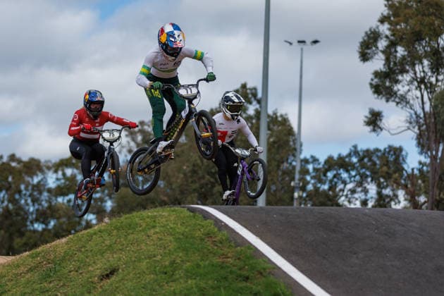 BMX WORLD CHAMPIONSHIPS, Malene Kejlstrup of Denmark (left), Saya Sakakibara of Australia (centre) and Thalya Burford of Switzerland (right) compete during the BMX World Championships at Brisbane SX International BMX Centre in Brisbane, Saturday, July 18, 2026. ( NO ARCHIVING, EDITORIAL USE ONLY BRISBANE QUEENSLAND AUSTRALIA  Copyright: xRUSSELLxFREEMANx 20260718161228797044