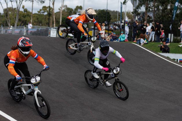BMX WORLD CHAMPIONSHIPS, Judy Baauw of Netherlands, Sienna Pal of Australia and Manon Veenstra of Netherlands compete during the BMX World Championships at Brisbane SX International BMX Centre in Brisbane, Saturday, July 18, 2026. ( NO ARCHIVING, EDITORIAL USE ONLY BRISBANE QUEENSLAND AUSTRALIA  Copyright: xRUSSELLxFREEMANx 20260718166061972627