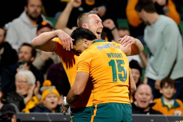 RUGBY AUSTRALIA ITALY, Tom Wright of the Wallabies is congratulated by teammates after scoring a try during the Nations Championship Round 3 match between the Australian Wallabies and the Italian Azzurri at HBF Park in Perth, Saturday, July 18, 2026. ( NO ARCHIVING, EDITORIAL USE ONLY PERTH WESTERN AUSTRALIA AUSTRALIA  Copyright: xRICHARDxWAINWRIGHTx 20260718132876437221