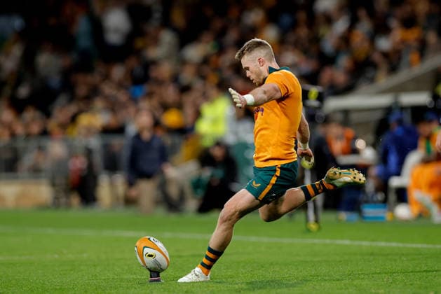 RUGBY AUSTRALIA ITALY, Ryan Lonergan of the Wallabies converts a try during the Nations Championship Round 3 match between the Australian Wallabies and the Italian Azzurri at HBF Park in Perth, Saturday, July 18, 2026. ( NO ARCHIVING, EDITORIAL USE ONLY PERTH WESTERN AUSTRALIA AUSTRALIA  Copyright: xRICHARDxWAINWRIGHTx 20260718112579106700