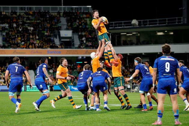 RUGBY AUSTRALIA ITALY, Jeremy Williams of the Wallabies wins a line out during the Nations Championship Round 3 match between the Australian Wallabies and the Italian Azzurri at HBF Park in Perth, Saturday, July 18, 2026. ( NO ARCHIVING, EDITORIAL USE ONLY PERTH WESTERN AUSTRALIA AUSTRALIA  Copyright: xRICHARDxWAINWRIGHTx 20260718153209932030