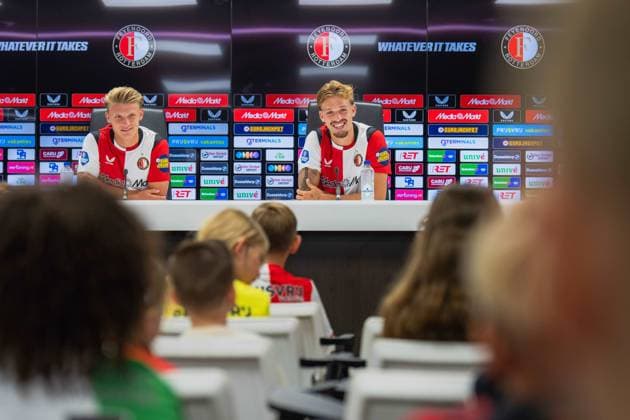 ROTTERDAM, 18-07-2026, Stadium Feijenoord de Kuip , Feyenoord Festival fan day , Season 2026 2027 , Picture shows Feyenoord player Sem Steijn and Feyenoord player Luciano Valente during kids press conference, PK, Pressekonferenz Feyenoord festival 2026  x205086071x Copyright: