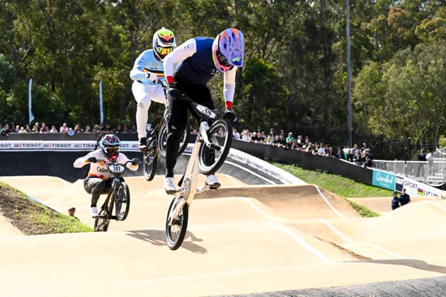 RECORD DATE NOT STATED 18th July 2026; Brisbane SX International BMX Centre, Brisbane, Queensland, Australia: 2026 UCI BMX Racing World Championships, Day Two; 218 Leo GAROYAN (Men Elite) FRA leads 41 Ruben GOMMERS (Men Elite) BEL during round 1 heats NigelxOwen