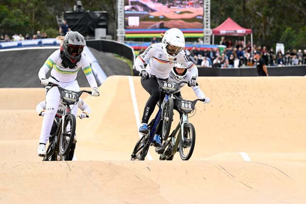 RECORD DATE NOT STATED 18th July 2026; Brisbane SX International BMX Centre, Brisbane, Queensland, Australia: 2026 UCI BMX Racing World Championships, Day Two; 807 Lina KAISER (Women Junior) GER leads 817 Stephanie ALEXANDER (Women Junior) AUS and 806 Jade CLAESSENS (Women Junior) SUI during the juniors quarter final heats NigelxOwen