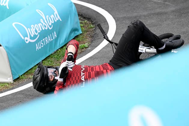 RECORD DATE NOT STATED 18th July 2026; Brisbane SX International BMX Centre, Brisbane, Queensland, Australia: 2026 UCI BMX Racing World Championships, Day Two; 853 Edvards TUTERS (Men Junior) LAT crashes during the juniors quarter final heats NigelxOwen