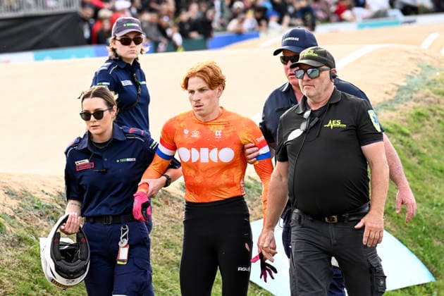 RECORD DATE NOT STATED 18th July 2026; Brisbane SX International BMX Centre, Brisbane, Queensland, Australia: 2026 UCI BMX Racing World Championships, Day Two; 217 Jason NOORDAM (Men Elite) NED crashes out during the elite mens eighth final heats NigelxOwen