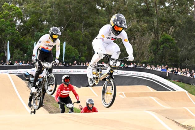 RECORD DATE NOT STATED 18th July 2026; Brisbane SX International BMX Centre, Brisbane, Queensland, Australia: 2026 UCI BMX Racing World Championships, Day Two; 22 Ross CULLEN (Men Elite) GBR leads 70 Mateo CARMONA GARCIA (Men Elite) COL during the elite mens eighth final heats NigelxOwen
