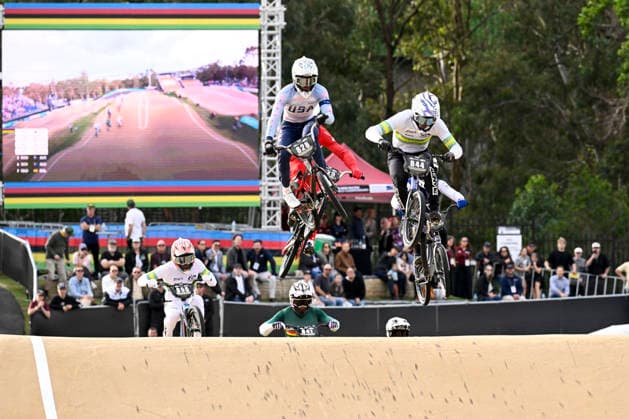 RECORD DATE NOT STATED 18th July 2026; Brisbane SX International BMX Centre, Brisbane, Queensland, Australia: 2026 UCI BMX Racing World Championships, Day Two; 828 Evan ESPOSITO (Men Junior) USA leads 844 Cameron GATT (Men Junior) AUS during the juniors quarter final heats NigelxOwen