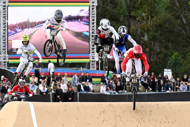 RECORD DATE NOT STATED 18th July 2026; Brisbane SX International BMX Centre, Brisbane, Queensland, Australia: 2026 UCI BMX Racing World Championships, Day Two; 835 Lucas ZHOU (Men Junior) CAN leads 833 David FERREIRA (Men Junior) SUI during the juniors quarter final heats NigelxOwen