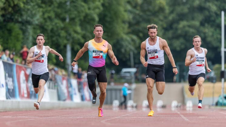 LEVERKUSEN, GERMANY - JULY 18, 2026 : Moritz Kuelschbach (GER LT DSHS Koeln), Felix Streng (GER Sprintteam Wetzlar), Felix Thurn (GER LT DSHS Koeln), Marius Koenig (GER LT DSHS Koeln) competing in the 100m during the Para Heimspiel 7.0 at Fritz Jacobi Sports Complex on July 18, 2026 in Leverkusen, Germany. Northrhine-Westphalia Germany Copyright: xAxelxKohringx