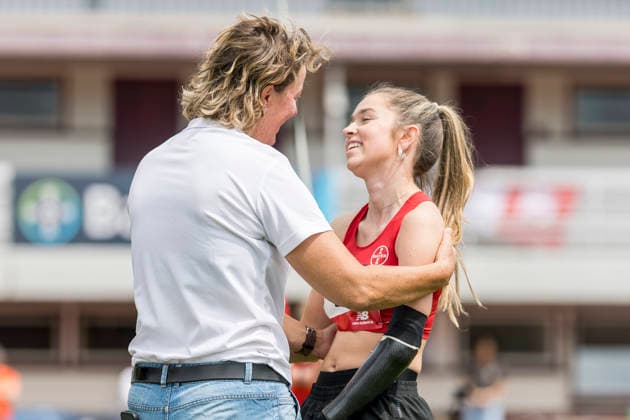 LEVERKUSEN, GERMANY - JULY 18, 2026 : Former javelin throw world champion Steffie Nerius celebrates with Lise Petersen (GER) during the Para Heimspiel 7.0 at Fritz Jacobi Sports Complex on July 18, 2026 in Leverkusen, Germany. Northrhine-Westphalia Germany Copyright: xAxelxKohringx