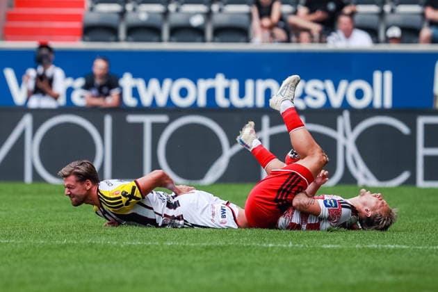 SOCCER - LASK vs Duesseldorf, test match LINZ,AUSTRIA,18.JUL.26 - SOCCER - ADMIRAL Bundesliga, 3. Liga, Linzer ASK vs Fortuna Duesseldorf, test match. Image shows Kasper Jorgensen (LASK) and Sascha Risch (Duesseldorf).  GEPAxpictures xManuelxBinder