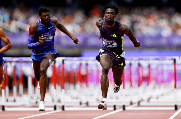 Ja Kobe Tharp of USA wins the 110m Hurdles Men. The London Athletics Meet, Wanda Diamond League, London Stadium, London, UK - 18 Jul 2026London London Stadium United Kingdom  Copyright: xJamesxMarsh Shutterstockx 16996766au