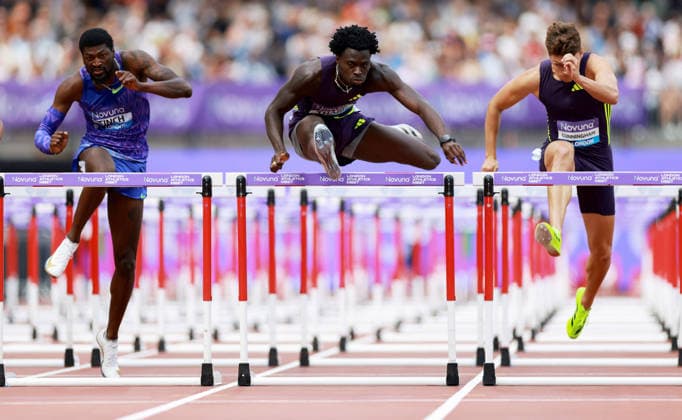 Ja Kobe Tharp of USA wins the 110m Hurdles Men. The London Athletics Meet, Wanda Diamond League, London Stadium, London, UK - 18 Jul 2026London London Stadium United Kingdom  Copyright: xJamesxMarsh Shutterstockx 16996766ar