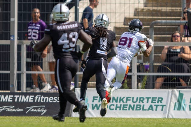 Brevin Easton (Frankfurt Galaxy, 81) touchdown catch, Frankfurt Galaxy vs Raiders Tirol, American Football, EFA, Week 10, 2026, 18.07.2026, Frankfurt a.M. PSD Bank Arena Germany Copyright: xFootxBowl BjörnxKecker_Keckenbax