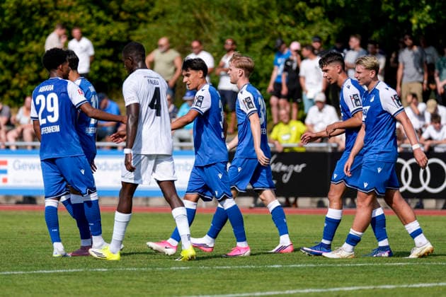 Spieler der TSG 1899 Hoffenheim, jubeln über das Tor zum 3:0, Jubel, Torjubel, Torerfolg, celebrate the goal, goal, celebration, jubelt ueber das Tor, Freuen, Freude, freut sich, optimistisch, positiv, Spielszene, Highlight, Action, Aktion, 18.07.2026, Bad Friedrichshall (Deutschland), Fussball, Testspiel, TSG 1899 Hoffenheim - SGV Heilbronn-Freiberg, DFB DFL REGULATIONS PROHIBIT ANY USE OF PHOTOGRAPHS AS IMAGE SEQUENCES AND OR QUASI-VIDEO. *** TSG 1899 Hoffenheim players celebrate the 3-0 goal, Celebration, goal celebration, goal scored, celebrating the goal, goal, celebration, cheering the goal, joy, happiness, happy, optimistic, positive, game scene, highlight, action, July 18, 2026, Bad Friedrichshall, Germany, soccer, friendly match, TSG 1899 Hoffenheim vs. SGV Heilbronn Freiberg, DFB and DFL regulations prohibit any use of photographs as image sequences and or quasi-video xozx