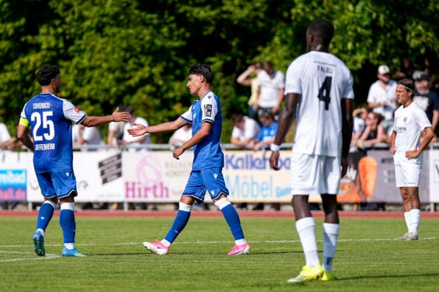 v.li.: Umut Tohumcu (Hoffenheim, 25), Torschütze Deniz Zeitler (Hoffenheim, 38), Spieler der TSG 1899 Hoffenheim, jubeln über das Tor zum 3:0, Jubel, Torjubel, Torerfolg, celebrate the goal, goal, celebration, jubelt ueber das Tor, Freuen, Freude, freut sich, optimistisch, positiv, Spielszene, Highlight, Action, Aktion, 18.07.2026, Bad Friedrichshall (Deutschland), Fussball, Testspiel, TSG 1899 Hoffenheim - SGV Heilbronn-Freiberg, DFB DFL REGULATIONS PROHIBIT ANY USE OF PHOTOGRAPHS AS IMAGE SEQUENCES AND OR QUASI-VIDEO. *** v li Umut Tohumcu (Hoffenheim), 25, goal scorer Deniz Zeitler (Hoffenheim), 38, players from TSG 1899 Hoffenheim, celebrating the goal that made it 3–0, Celebration, Goal celebration, Goal scored, celebrate the goal, goal, celebration, celebrating the goal, Rejoicing, Joy, happy, optimistic, positive, Game scene, Highlight, Action, 18 07 2026, Bad Friedrichshall, Germany, soccer, friendly match, TSG 1899 Hoffenheim vs. SGV Heilbronn Freiberg, DFB and DFL regulations prohibit any use of photographs as image sequences and or quasi-video xozx