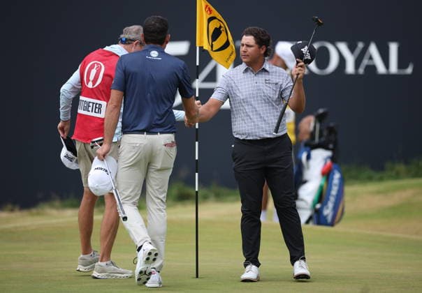 154th Open Golf Championships - Round 3 Aldrich Potgieter of South Africa (R) shakes hands with Keegan Bradley of the USA (C) after their round at the British Open Golf Championships at Royal Birkdale in Southport, Britain, 18 July 2026. SOUTHPORT UNITED KINGDOM  Copyright: xADAMxVAUGHANx
