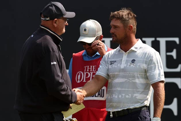 RECORD DATE NOT STATED 18th July 2026; Royal Birkdale Golf Club, Southport, Merseyside, England; The Open Championship Round Three; Bryson Dechambeau (USA) shakes hands with starter David Lancaster at the first tee DavidxBlunsden