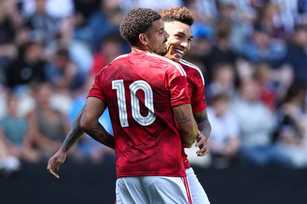 Nottingham, England, 18th July 2026. Igor Jesus of Nottingham Forest celebrates scoring the first goal with Morgan Gibbs-White of Nottingham Forest during the Notts County vs Nottingham Forest Pre Season Friendly match at Meadow Lane, Nottingham. Picture credit should read: Jake Youle Sportimage EDITORIAL USE ONLY. No use with unauthorised audio, video, data, fixture lists, club league logos or live services. Online in-match use limited to 120 images, no video emulation. No use in betting, games or single club league player publications. SPI_013_JY_Notts_County_Nottm_Forest SPI-4861-0011