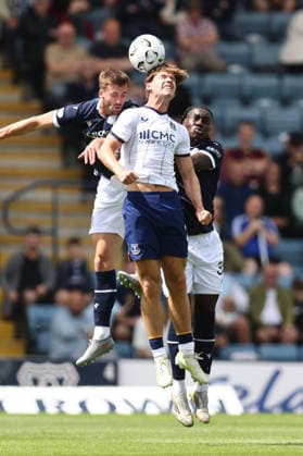 RECORD DATE NOT STATED 18th July 2026; Dens Park, Dundee, Scotland; Friendly Football, Dundee versus Everton; Tyler Dibling of Everton competes in the air with Owen Bevan and Idris Odutayo of Dundee DavidxYoung