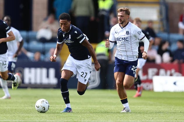 RECORD DATE NOT STATED 18th July 2026; Dens Park, Dundee, Scotland; Friendly Football, Dundee versus Everton; Joe Bevan of Dundee races away from Kiernan Dewsbury-Hall of Everton DavidxYoung